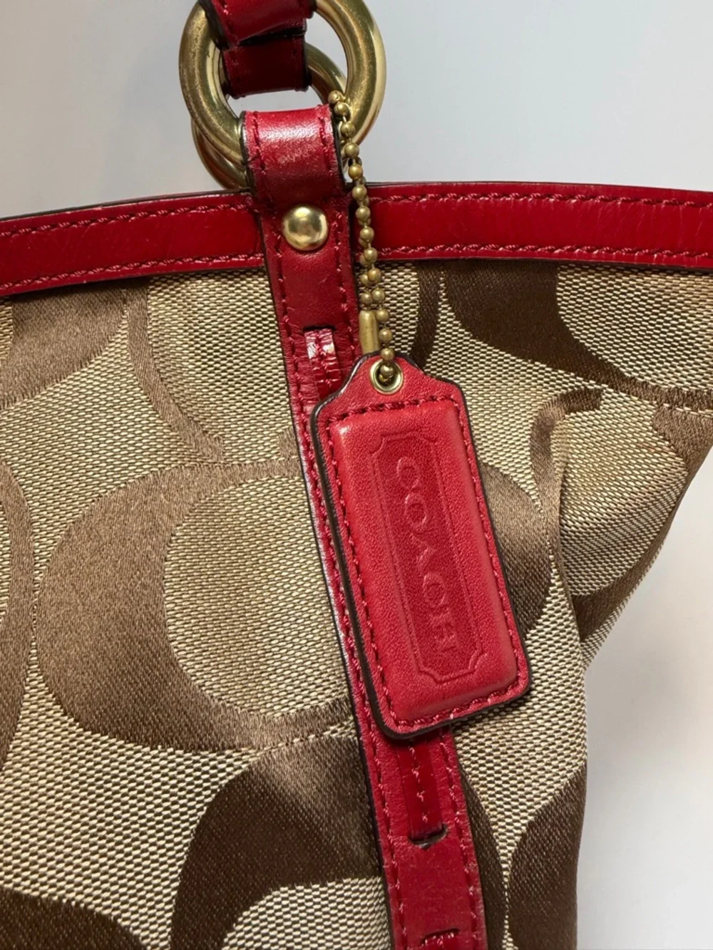 Coach Red Leather & Signature Print Tote with Plaid Interior #13005